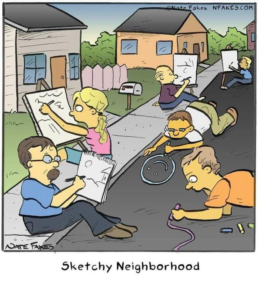 Cartoon of people drawing on the streetDescription automatically generated